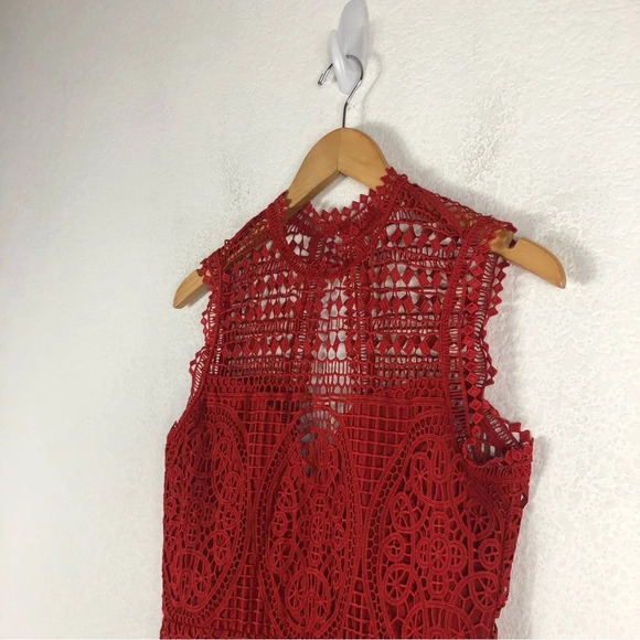 Lovers + Friends Lace Blush Red Crochet Open Back Cocktail Midi Dress Medium - Picture 7 of 15
